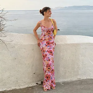 Elegant slim-fit floral slip maxi dress perfect for 2024 autumn beach vacations
