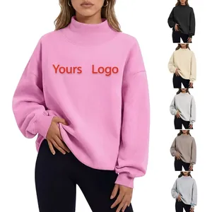 Women Mock Neck Sweatshirt Casual Loose Fit Fleece Pullover Thick Solid Color Autumn Winter Knitted Long Sleeve Top
