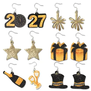 Set orecchini festivi Capodanno 2027 glitter nero e oro con stelle e fuochi d'artificio