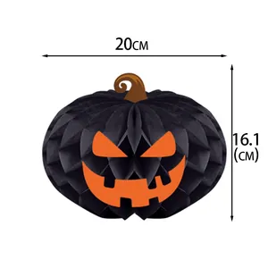 Detail view of black Halloween honeycomb pumpkin decoration with 20cm size markings