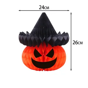 Detailed view of Halloween pumpkin honeycomb decoration with witch hat, size 24x26cm.