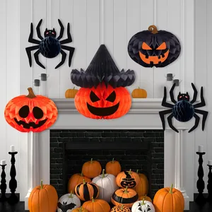 Halloween honeycomb decorations pumpkin and spider hanging ornaments for party setup