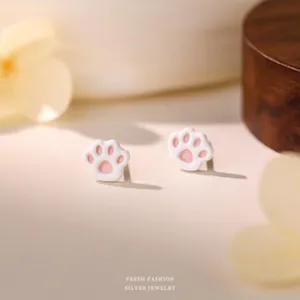 Orecchini a lobo a forma di zampa di gatto in argento 925 e smalto rosa