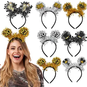 2026 Happy New Year Party Headband Gold Silver Tinsel Glitter Star Top Hat Champagne Glass Headwear Celebration Deco Festive Hair Band