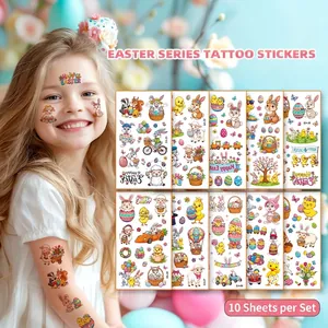 Set of 10 Easter cartoon temporary tattoos for kids featuring cute rabbit and egg designs