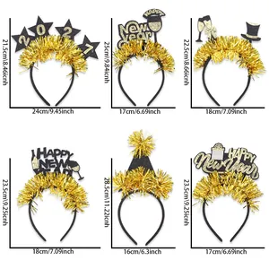 Detailed dimensions of 2027 New Year glitter headbands in festive gold and black.