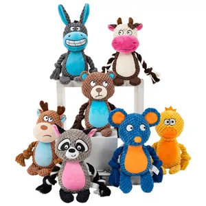 Comprehensive set of 7 colorful plush squeaky dog chew toys with durable cotton rope limbs