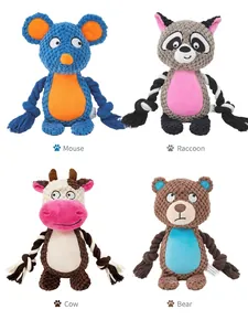 Detailed view of four cute animal plush pet toys: mouse, raccoon, cow, and bear styles