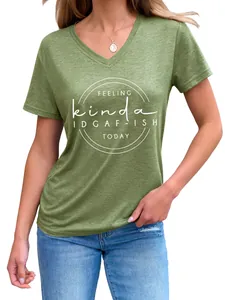 Detail view of olive green women's V-neck T-shirt featuring a white graphic slogan print