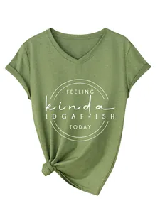 Olive green women's V-neck T-shirt with white 'FEELING kinda IDGAF-ISH' text print