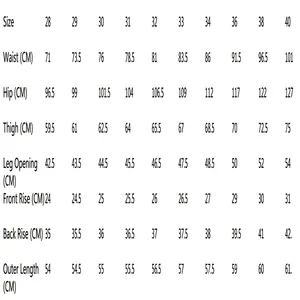 Detailed measurement size chart for men's cotton denim shorts in CM.