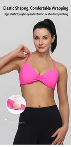 Detail view of hot pink halter sports bra made of high-stretch nylon-spandex fabric