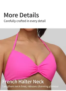 Close-up detail of a vibrant pink halter neck sports bra with gathered front design