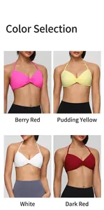 Color options for the sexy halter sports bra: berry red, yellow, white, and deep red