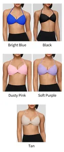 Display of five colors for women's halter neck sports bra with gathered front detail