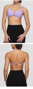 Detailed view of a lavender halter neck sports bra with ruched front and open back