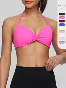 Women Halter Neck Sports Bra Naked Feel Quick Dry Ruched Front Thin Straps Yoga Vest Top For Fitness Gym Running