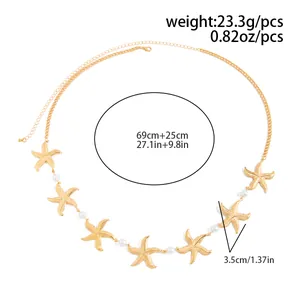 Gold starfish body chain with pearls detail view showing 69cm length and 23.3g weight