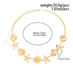 Detailed dimension view of gold seashell and starfish body chain waist jewelry