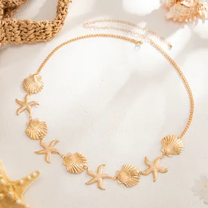 Elegant gold metal body chain featuring detailed shell and starfish charms for beach style