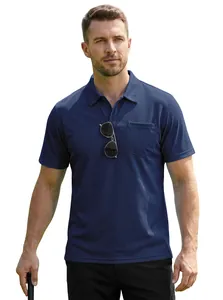 Détail du polo bleu marine respirant pour hommes avec poche de poitrine pour l'été