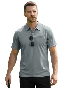 Vue détaillée du polo à manches courtes gris pour hommes en tissu mesh respirant