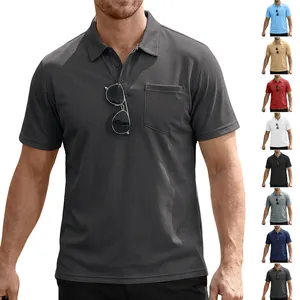 Polo Homme Manches Courtes Mesh Respirant Revers Poche Décontracté Business Sport Mode Hauts Polyester Couleur Unie
