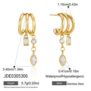Gold-plated stainless steel triple hoop tassel earrings with marquise and square crystals