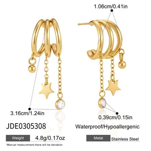 Gold-plated triple-hoop stainless steel tassel earrings with star and stone charms