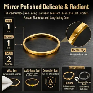Detail view of 1mm thin 18k gold plated stainless steel minimalist ring with mirror finish.