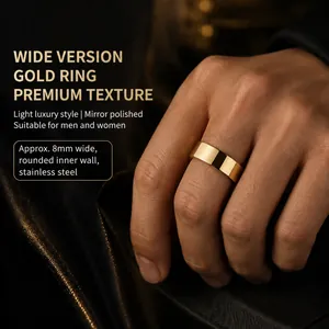 High-polished 8mm gold stainless steel wide band ring for men and women.