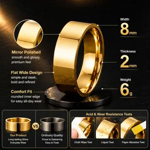 8mm wide gold stainless steel ring with mirror polished finish and flat band