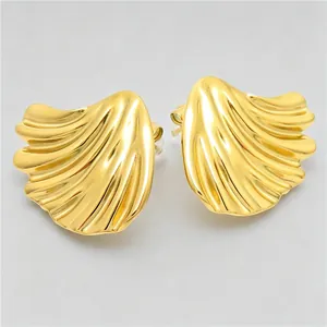 Detailed view of brushed 18K gold plated lotus leaf earrings with irregular texture