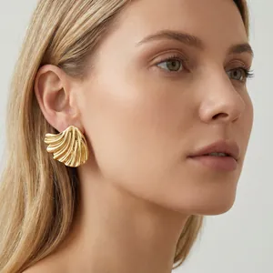 Detailed close-up of stylish oversized 18K gold-plated stainless steel lotus leaf earrings