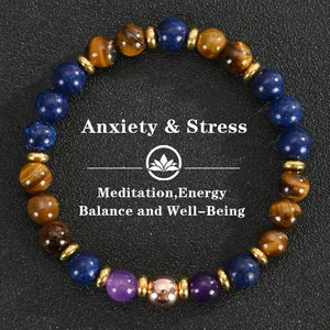 Bracciale di perle in pietra naturale per l'ansia con occhio di tigre e lapislazzuli