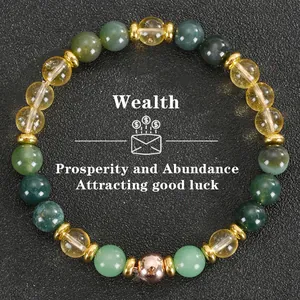 Bracelet de richesse en perles de pierres naturelles vertes et jaunes avec perles dorées