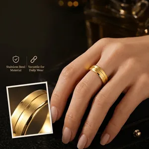 Vue détaillée de la texture brossée et polie d'une bague en acier inoxydable de couleur or