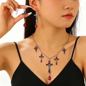 Stunning Gothic vintage red cross necklace and earrings jewelry set for Halloween