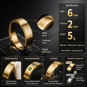 Elegante 6 mm brede roestvrijstalen gouden ring met een hoogglans gepolijste spiegelafwerking