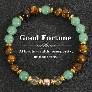 Vue macro détaillée du bracelet de richesse en œil de tigre et aventurine verte