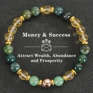 Detailed view of natural citrine and malachite beaded bracelet for wealth and success