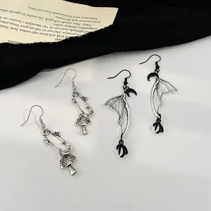 Gothic vintage mushroom safety pin and bat wing crescent moon hook earrings for women
