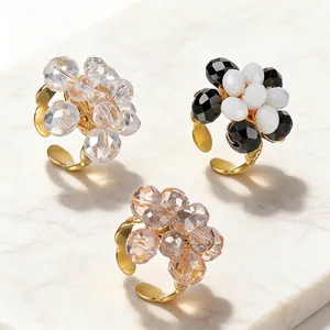 Anello Aperto in Acciaio Inossidabile con Perline Floreali per Donna Regolabile con Fiore di Strass Gioielli Regalo