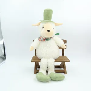 Long-legged sheep plush toy with green top hat and plaid scarf on a wooden bench