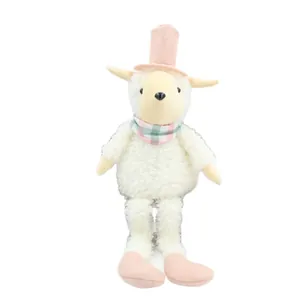 Cute vintage curly sheep plush toy featuring a pink top hat and green plaid scarf