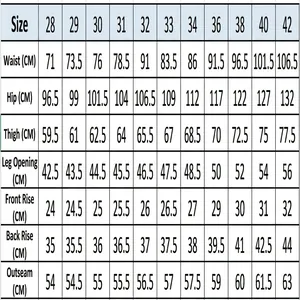 Detailed size measurement chart for men's denim shorts with waist and hip data in CM