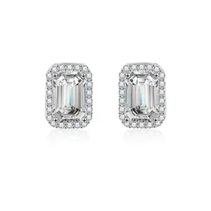 Elegant emerald cut moissanite halo stud earrings in 925 sterling silver finish