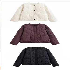 Casual women's round neck quilted jackets in white, purple, and black with pockets.