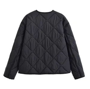 Detailed back view of women's black quilted round neck lightweight cotton liner jacket