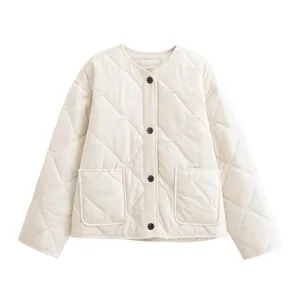 Fashionable casual cream round neck quilted jacket with large front pockets for women